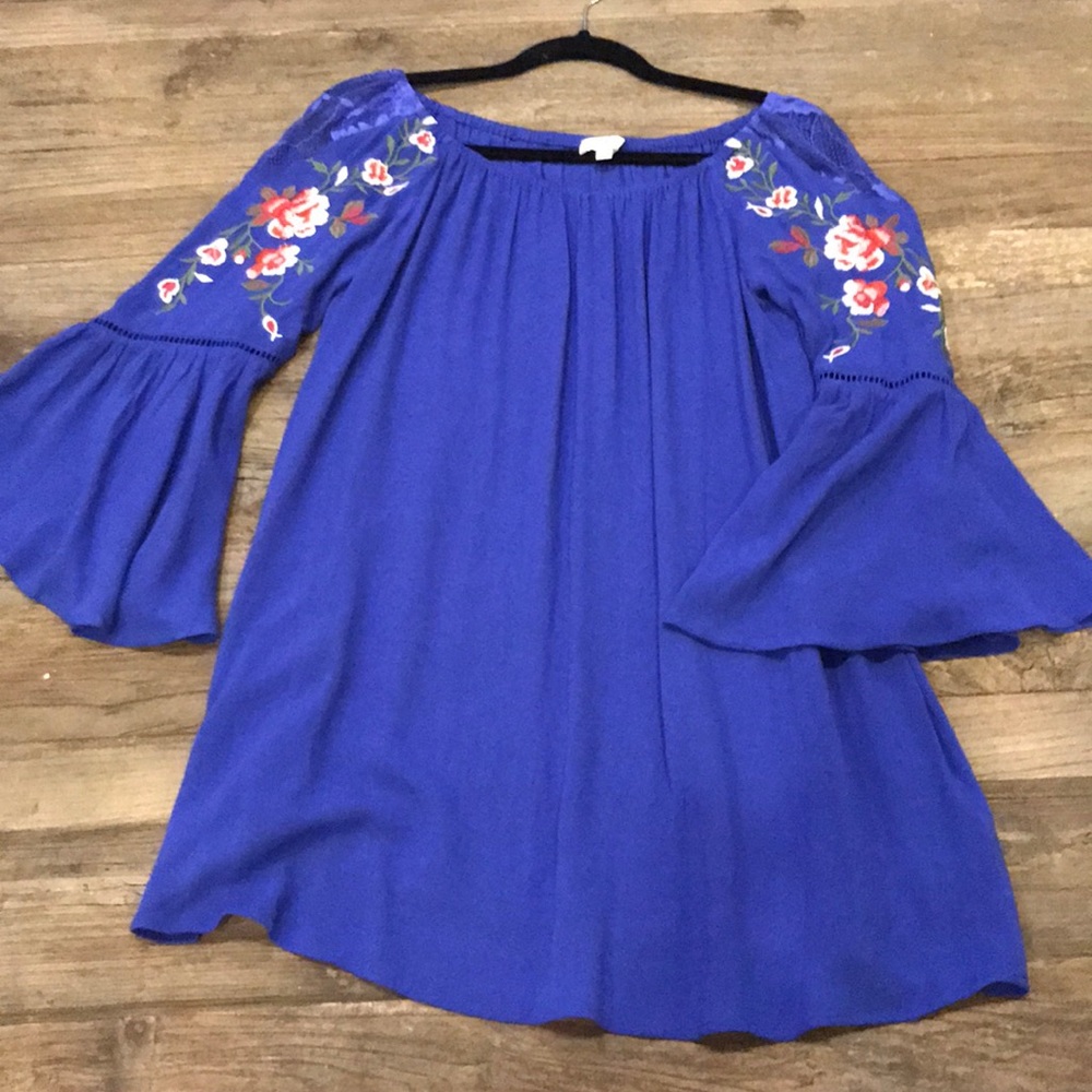 Off Shoulder Embroidered Bell Sleeves Blue Dress